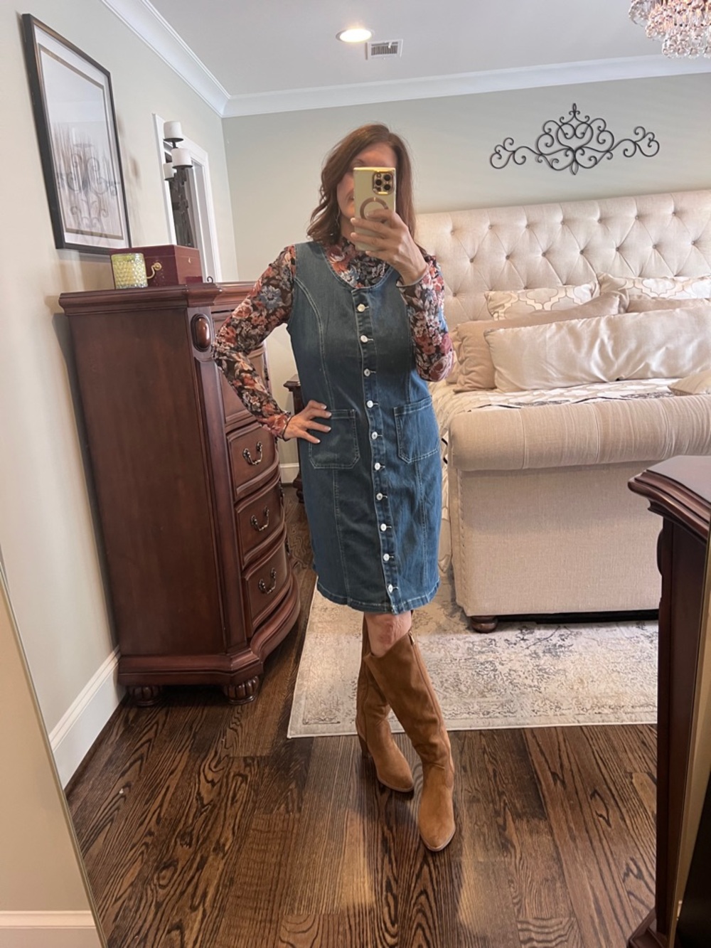 Denim Dress Sleeveless Stretchy Crewneck Vintage Style Button Down with Pocket L